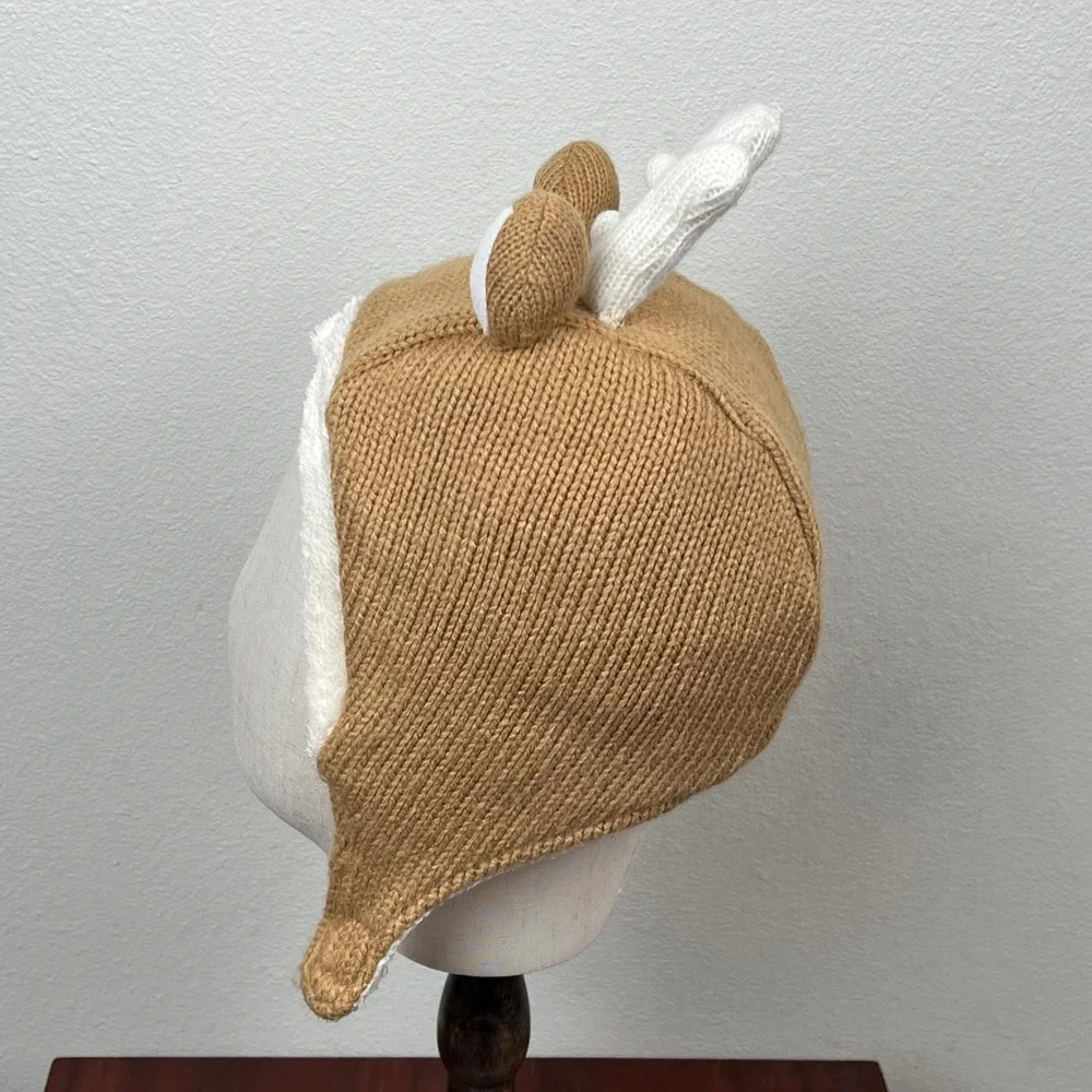 LL Bean Reindeer Critter Beanie Kids 12-24M Brown Knit Fleece Lined Trapper Hat